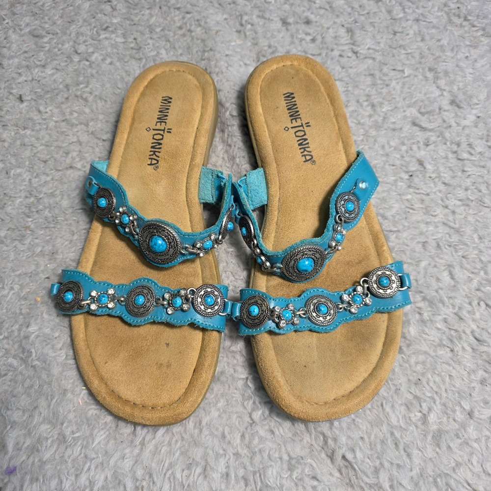 Minnetonka Slide Sandals Turquoise Leather Concho Embellished Womens 5 Excellent